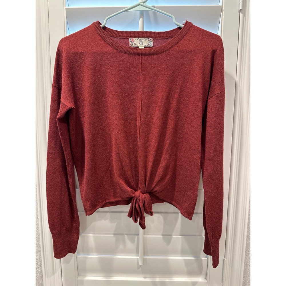 Pink Rose Long Sleeve Crew Neck Sweater with Tie Front